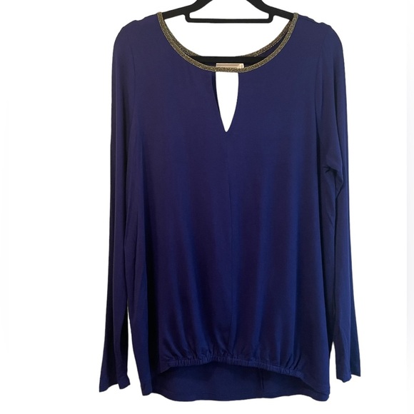 Woman’s cobalt blue top, gold trim neckline with cut out, size large - Picture 1 of 5